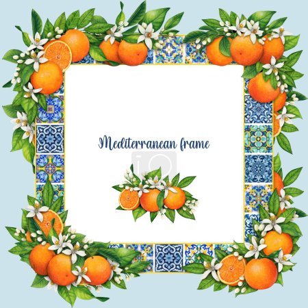 Watercolor hand drawn mediterranean frame with tiles and oranges