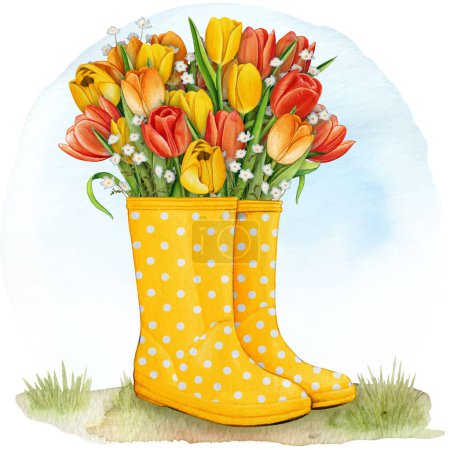 Téléchargez les illustrations : Bottes en caoutchouc aquarelle avec bouquet floral - en licence libre de droit