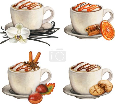 Ilustración de Acuarela dibujado a mano café caliente aromatizado - Imagen libre de derechos