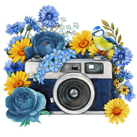 Téléchargez les illustrations : Watercolor hand drawn vintage camera with floral decoration - en licence libre de droit