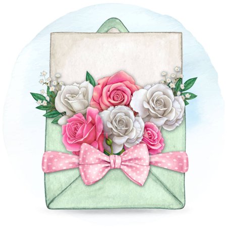Ilustración de Acuarela carta de amor dibujada a mano con ramo de rosas - Imagen libre de derechos