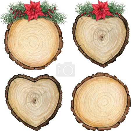 Téléchargez les illustrations : Aquarelle Noël tranches de bois espace de copie - en licence libre de droit