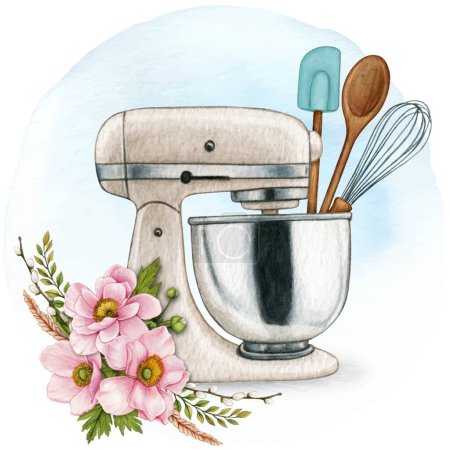 Watercolor hand drawn stand mixer with floral decoration and coo