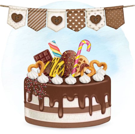 Téléchargez les illustrations : Gâteau de fête d'anniversaire coloré aquarelle - en licence libre de droit