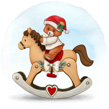 Illustration for Watercolor hand drawn christmas bear riding a rocking horse - Royalty Free Image