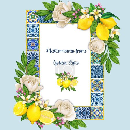 Ilustración de Acuarela mediterránea azulejos tradicionales freame - Imagen libre de derechos