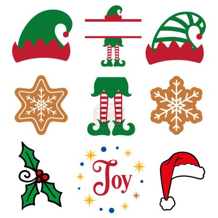 Téléchargez les illustrations : Icônes d'elfe de Noël et biscuits au pain d'épice - en licence libre de droit
