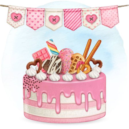 Téléchargez les illustrations : Gâteau de fête d'anniversaire coloré aquarelle - en licence libre de droit