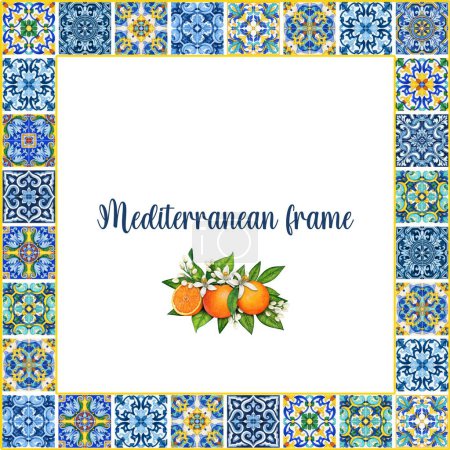 Téléchargez les illustrations : Aquarelle carreaux méditerranéens traditionnels freame - en licence libre de droit