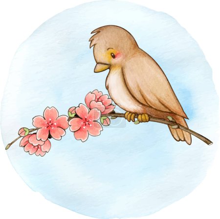 Téléchargez les illustrations : Branche de cerise aquarelle et oiseau mignon - en licence libre de droit