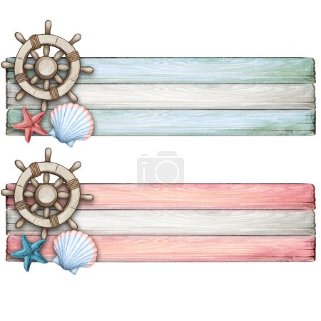 Watercolor vintage banner with helm and seashell