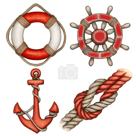 Téléchargez les illustrations : Aquarelle rouge icônes nautiques bouée ancre helml et noeud - en licence libre de droit