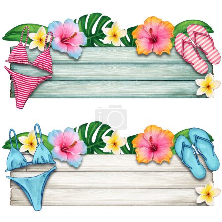 Ilustración de Banner de madera de verano acuarela con flores tropicales - Imagen libre de derechos