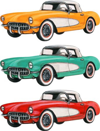 Illustration for Watercolor hand drawn Colorful vintage cars - Royalty Free Image