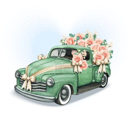 Illustration for Wedding pickup with roses and jute bows - Royalty Free Image