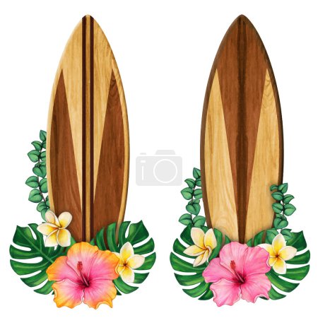 Watercolor wooden surf boards and tropical flowers
