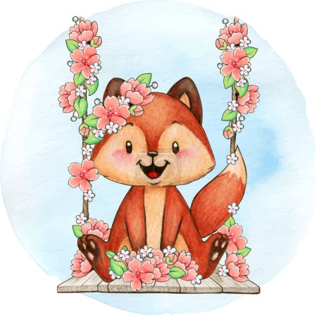 Téléchargez les illustrations : Watercolor woodland animal with cherry blossoms - en licence libre de droit