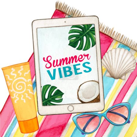Ilustración de Tableta de acuarela pc en toalla de playa con gafas y protector solar - Imagen libre de derechos