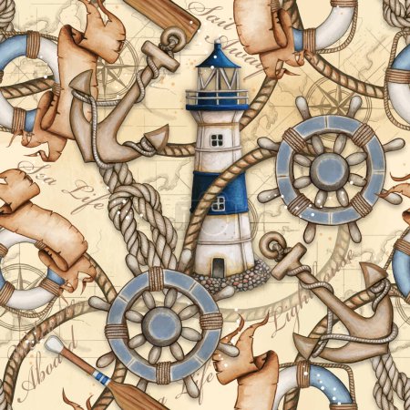 Illustration for Watercolor nautical theme seamless pattern - Royalty Free Image