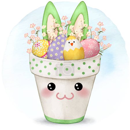 Téléchargez les illustrations : Pot de lapin mignon aquarelle plein d'œufs décorés - en licence libre de droit
