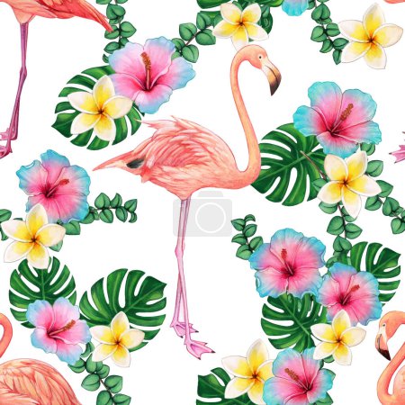 Watercolor bright flamingo pattern and tropical flowers