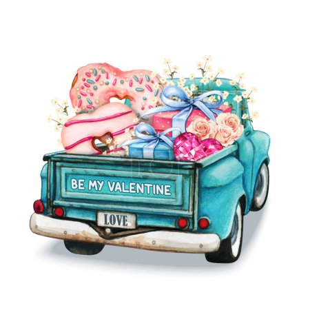 Ilustración de Vista posterior de recogida del día de San Valentín de acuarela con corazones donuts regalos y flores - Imagen libre de derechos