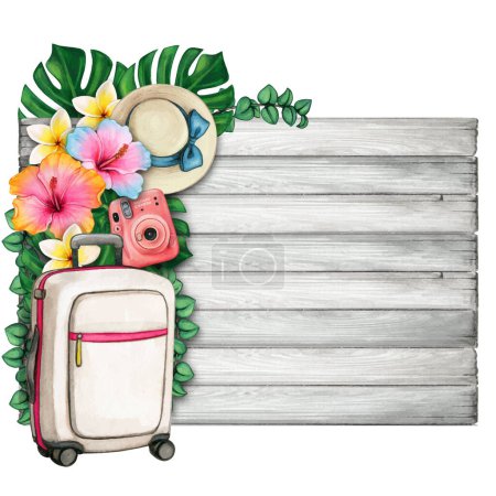 Illustration for Watercolor summer symbols luggage and tropical flowers - Royalty Free Image