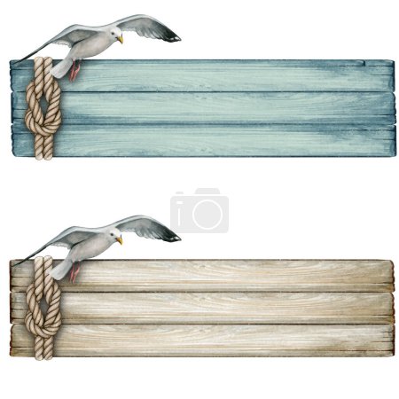 Téléchargez les illustrations : Bannière vintage nautique en bois aquarelle - en licence libre de droit