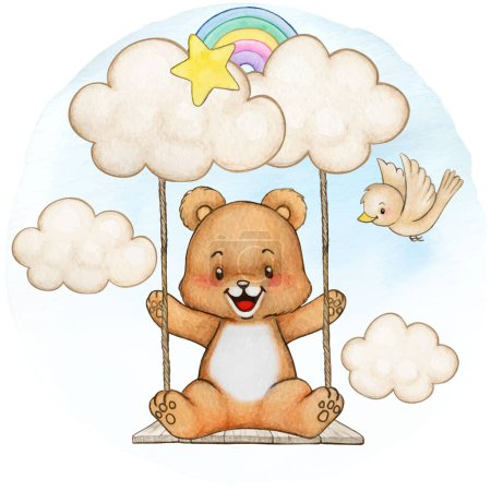 Téléchargez les illustrations : Aquarelle ours mignon sur une balançoire dans les nuages - en licence libre de droit