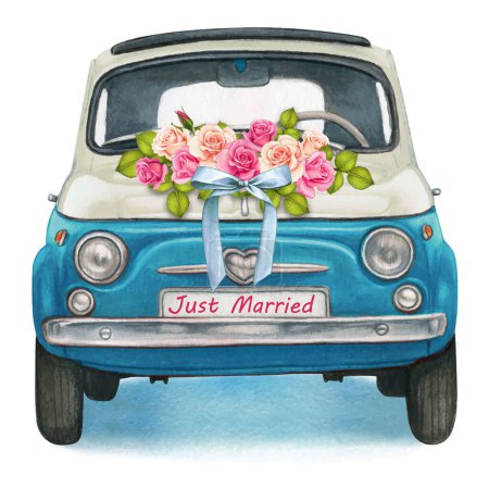 Illustration for Cute watercolor blue and white shiny vintage car, wedding day - Royalty Free Image