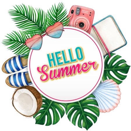Watercolor round tropical summer banner
