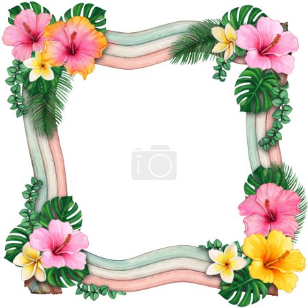 Téléchargez les illustrations : Aquarelle cadre ondulé en bois avec fleurs tropicales - en licence libre de droit