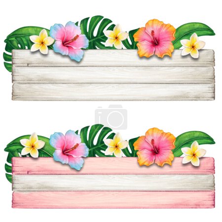 Ilustración de Banner de madera de verano acuarela con flores tropicales - Imagen libre de derechos