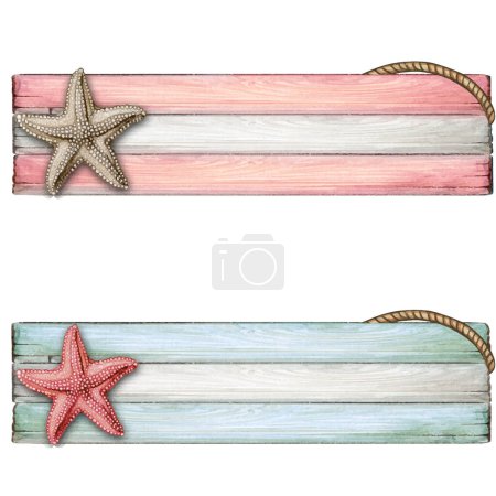 Téléchargez les illustrations : Bannière en bois mignonne aquarelle avec étoile de mer - en licence libre de droit