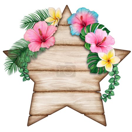 Téléchargez les illustrations : Étiquette en bois en forme d'étoile aquarelle avec fleurs tropicales - en licence libre de droit