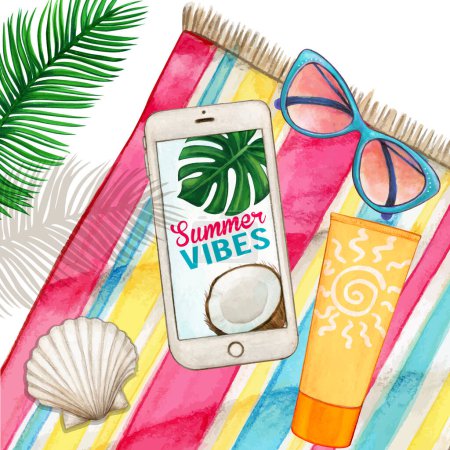 Ilustración de Smartphone acuarela en toalla de playa con gafas y protector solar - Imagen libre de derechos