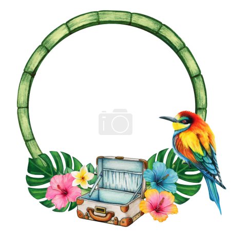 Watercolor tropical frame with suitcase and rainbow bird