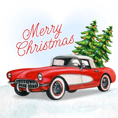 Elegante coche rojo vintage con árboles de Navidad y nieve