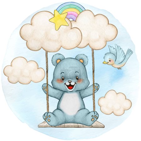 Ilustración de Watercolor cute bear on a swing in the clouds - Imagen libre de derechos