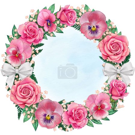Téléchargez les illustrations : Couronne de cadre floral rose aquarelle avec des roses et des culottes - en licence libre de droit