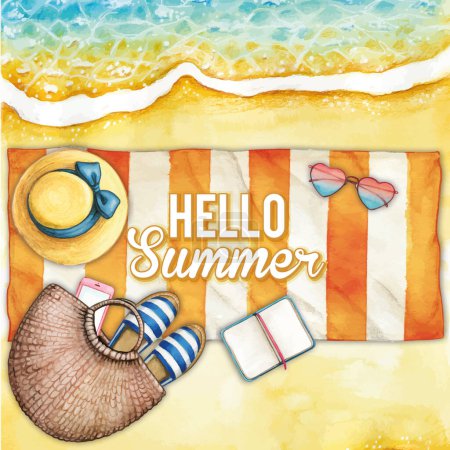 Watercolor beach illustration with striped towel banner
