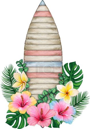 Ilustración de Banner vintage de madera acuarela rayado con flores tropicales - Imagen libre de derechos