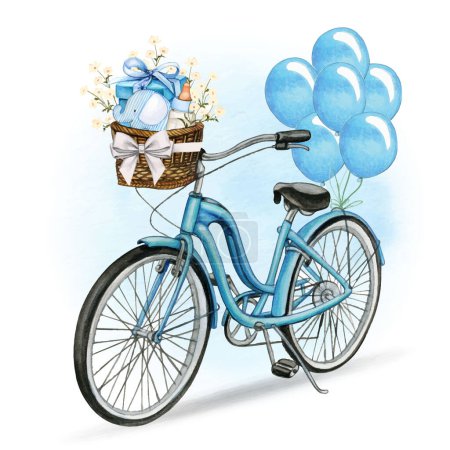 Illustration for Watercolor baby shower blue bike - Royalty Free Image