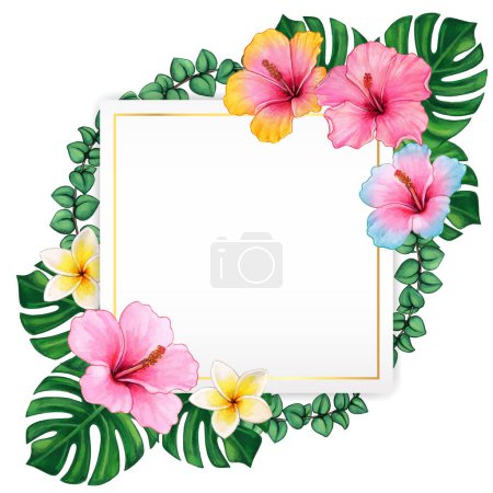 Téléchargez les illustrations : Aquarelle fleurs hibiscus et feuilles tropicales cadre élégant - en licence libre de droit