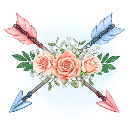 Téléchargez les illustrations : Flèches boho aquarelle avec roses roses - en licence libre de droit