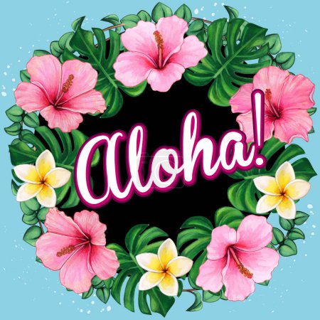Ilustración de Corona de hibisco acuarela con mensaje aloha - Imagen libre de derechos