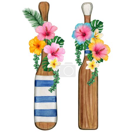Ilustración de Acuarela remos de madera decorados con flores tropicales y pancarta de desplazamiento - Imagen libre de derechos