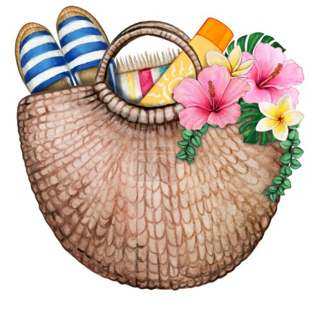 Watercolor beach bag with flowers sun screen espadrilles and towel