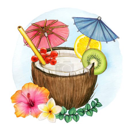 Téléchargez les illustrations : Watercolor colorful coconut tropical drink - en licence libre de droit