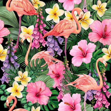 Ilustración de Coloridos flamencos acuarela y patrón sin costuras flor - Imagen libre de derechos